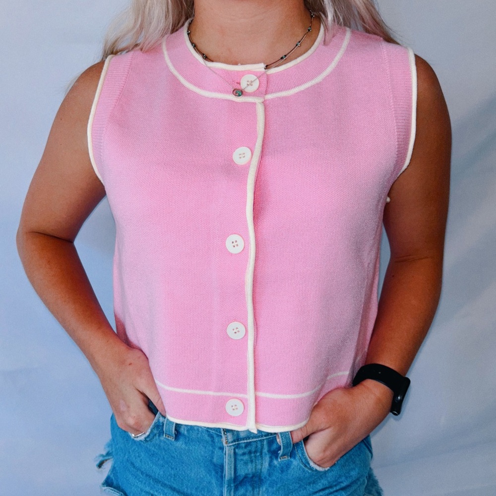 Pink Sleeveless Button-Up Knit Top with White Trim